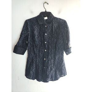Roberta Scarpa Women Navy Blue Floral Lace Darted Button Down Blouse size 8